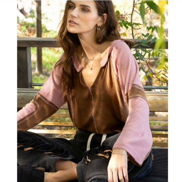 POL spliced thermal split neck top pink brown medium - Picture 1 of 5